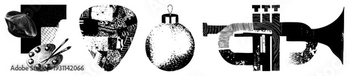 Collage of artist tools, guitar pick, ornament, and trumpet in halftone style, representing art, music, and festivity, vector graphic design.