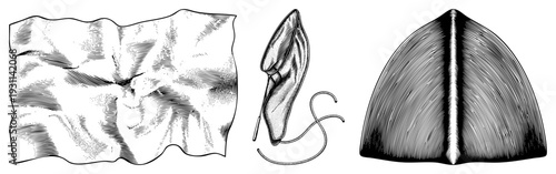 Textured fabric folds, anatomical ear with thread, dome shaped object with hatching, all in art. hatched shading, technical drawing, isolated elements.