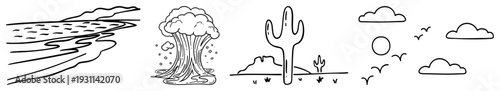 Hand drawn of desert cactus, erupting volcano, ocean, and birds flying under sun and clouds all in clean vector style.