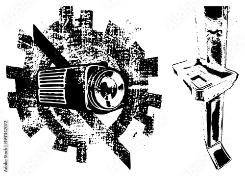 Old school movie projector with gear driven mechanism, film reel, cinematic equipment, black and white illustration, halftone texture, classic cinema gear.