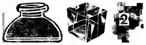 Classic ink bottle, textured cube, stylized numeral two, vector art, graphic design elements, abstract shapes, distressed textures, isolated.