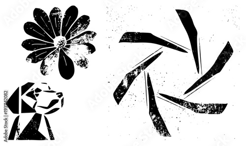 Black stencil graphics with grunge texture stylized flower, geometric dog, angular. Vector art for design, print, or digital use.