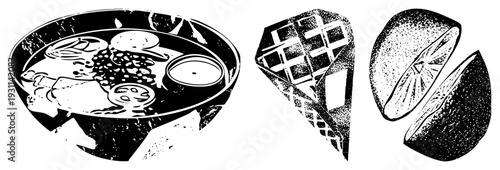 Retro style halftone print featuring food items bowl with garnishes, waffle cone, sliced citrus., stylized, graphic design elements.