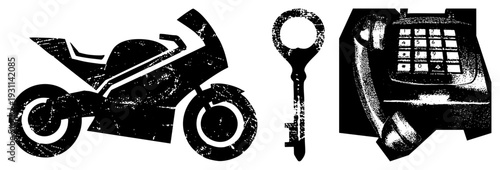 Bold black vector silhouettes of a sportbike, skeleton key, and rotary phone with distressed texture, isolated graphics, retro tech and transport.