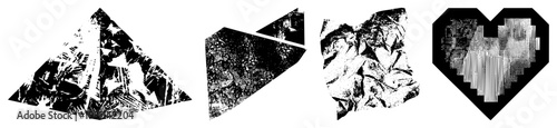 Black and white vector shapes with textured surfaces, halftone, crumpled paper motifs, and geometric forms, ideal for graphic design or digital art.