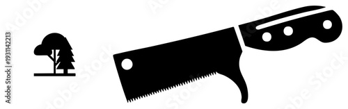 Vector of hand saw and stylized tree, woodworking tools, forestry symbols, black, flat design, isolated graphic elements.