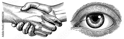 Two hands clasping in business deal, partnership gesture, handshake, eye observing, halftone vector art, symbolic collaboration, corporate trust.