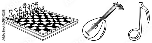 Classic chess game setup, wooden board with black and white pieces, stringed mandolin instrument, musical note symbol. Isolated vector elements for design projects.