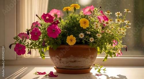 Bouquet of pink flowers in a vase on a garden table