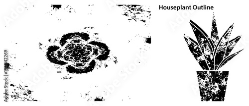 Graphic vector silhouette of potted plant, leafy, abstract shape, distressed texture, design, decorative botanical element.