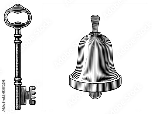 Ornate skeleton key and classic church bell, engraved art, vintage engraving style, historical symbols, isolated vector graphics.