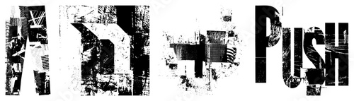 Distorted typography with grunge textures, fragmented letterforms, distressed design, urban poster style, high contrast black and white.