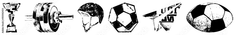 Obraz premium Retro trophy, weightlifting barbell, motorcycle helmet, soccer ball, dartboard, rugby ball stylized black and white vector with halftone texture and distressed grunge effect.