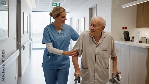 A caring white female nurse gently assisting an elderly patient while walking slowly in a white minimalist healthcare interior