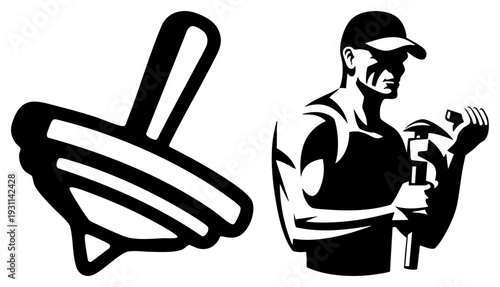 Silhouette of construction worker holding hammer, paired with stylized thumbs up, vector graphic, flat design, laborer symbol, worker emblem, positive gesture.