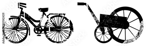 Black silhouette of classic bicycle and tricycle with grunge texture, urban transport, retro cycling gear, stylized vector art,.