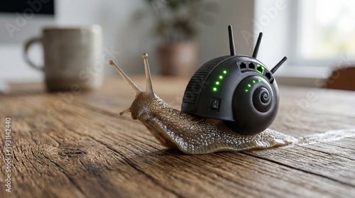 Snail with a Wi-Fi router shell, surreal technology and internet concept art