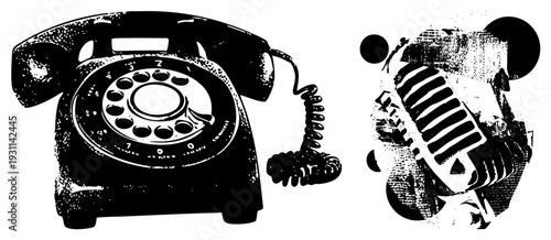 Classic rotary telephone and vintage microphone rendered in halftone style, retro communication tools, analog tech, vector graphics.