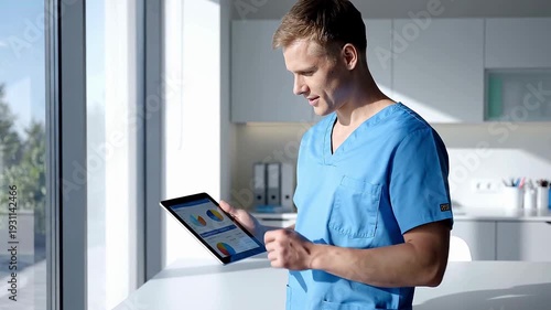 A friendly white male nurse standing near a large window holding a tablet and reviewing patient data