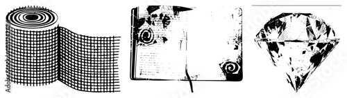 Styled vector illustrations coiled mesh grid, weathered open book with swirls, geometric diamond cut. Isolated, cutout, rgba.