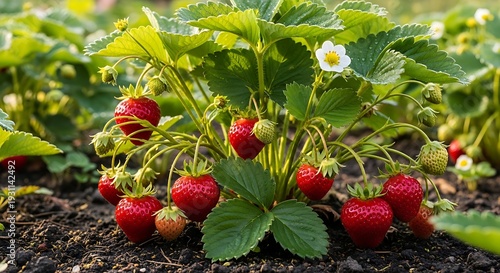 Strawberries growing in a garden on green grass surrounded by leaves and sunlight
