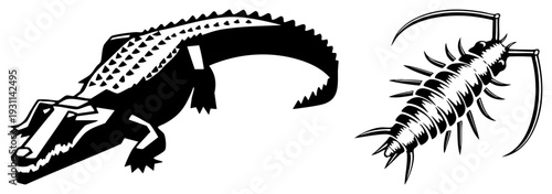 Black and white vector illustrations of crocodile and scorpion, tribal inspired, bold, graphic design elements, reptile and arachnid motifs.