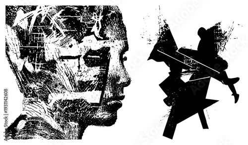 Stylized human profile with textured halftone overlay, paired with fragmented silhouette of flying figure, vector art, graphic design element.