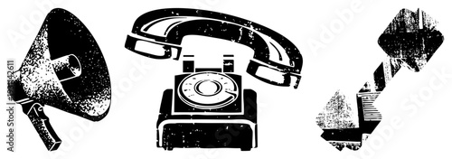 Retro megaphone, rotary telephone, and telegraph key in distressed black and white vector style. Classic analog communication tools with halftone texture and gritty aesthetic.