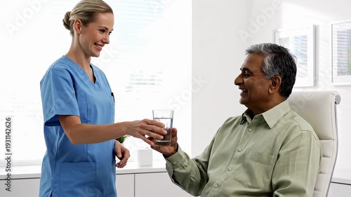 A white female nurse offering a glass of water to a patient seated in a bright white consultation room