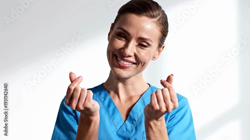 A professional white female nurse making a finger heart gesture with a warm smile, white clean background