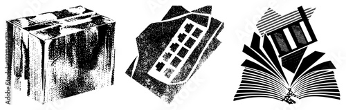 Geometric book with open pages, calculator with keypad, cube with texture, halftone, vector art,, graphic design element.