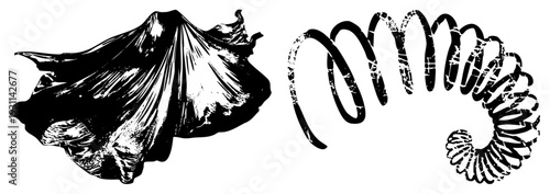 Black and white vector art of flowing fabric and distressed coiled spring, isolated graphic elements, halftone texture, stylized industrial design, artistic.