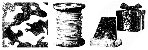 Black and white halftone textures, thread spool, gift box with bow, isolated vector graphics, stylized design elements, retro print aesthetic.