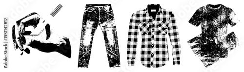 Black and white halftone graphic of hand gripping checkered flag, ripped denim jeans, plaid flannel shirt, distressed t shirt, stylized apparel, fashion illustration, vector art.