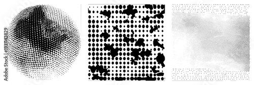Vector halftone illustrations using dot density for shading, texture, and gradient illusions, ideal for graphic design, print, and digital art.