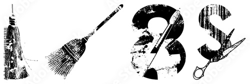 Broom, paintbrush, scissors, and letter S in gritty, retro art tools, graphic design elements, distressed typography, creative supplies.