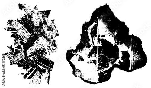 Black and white graphic art with shattered polygonal forms, halftone textures, and fragmented vector shapes, ideal for glitch or digital decay aesthetics.