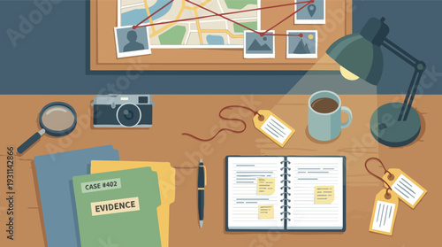 Detective Desk with Investigation Files and Tools.