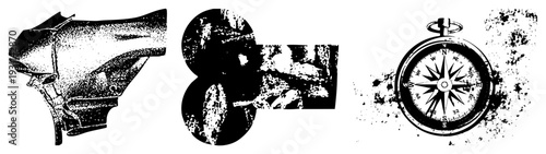 Retro megaphone, halftone texture collage, classic compass rose isolated vector for design. Horn, compass, texture art, navigation tools, stylized symbols.