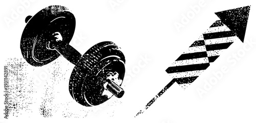 Weightlifting dumbbell with textured halftone finish, directional arrow with striped, gym motivation, strength training symbol, fitness growth indicator.