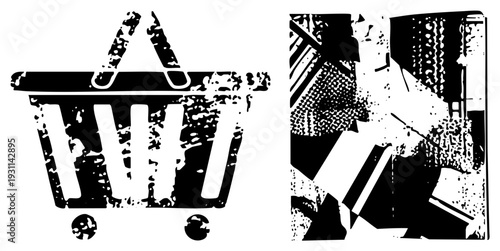 Black and white halftone shopping cart and fragmented human silhouette, graphic design elements, vector illustration, retail symbol, consumer.