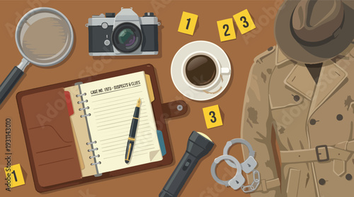 Detective Equipment and Clothing on Table.