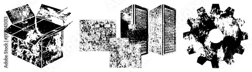 Weathered tech symbols including open box, server racks, and cogwheel, rendered in gritty halftone style, ideal for industrial design or digital interfaces.
