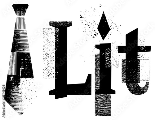 Stylized word "Lit" rendered in blocky font with halftone, urban graffiti aesthetic, bold black strokes, textured typographic art, isolated graphic design element.
