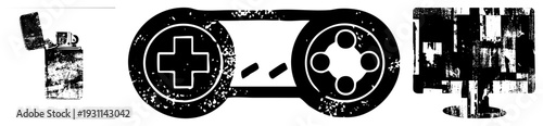Classic gaming controller with directional pad and analog sticks, vintage lighter with open flame, retro computer monitor with glitch effect. Retro tech, isolated vector graphics.