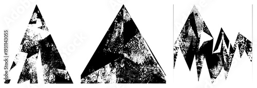Fragmented triangular shapes with distressed textures, modern graphic design elements, stylized mountain or motifs, vector art.