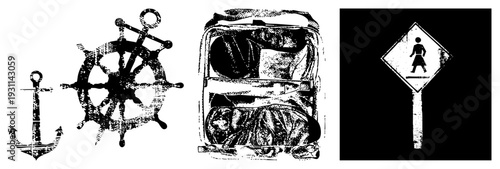 Vintage maritime symbols and travel gear, anchor and ship wheel, open suitcase with clothes, pedestrian sign, halftone texture, isolated vector.