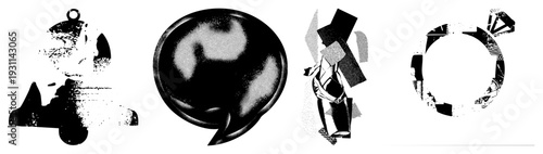 Four stylized vector forms with halftone textures, abstract composition, graphic design elements, art, digital illustration.