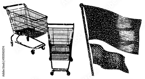 Two empty shopping and a waving flag rendered in halftone dot, isolated vector graphic, retail symbol, consumerism, sketch.