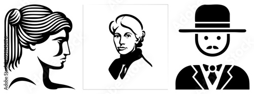 Three vector portraits profile woman, frontal woman, man in bowler hat rendered in bold black, minimalist design, graphic illustration style, isolated figures.